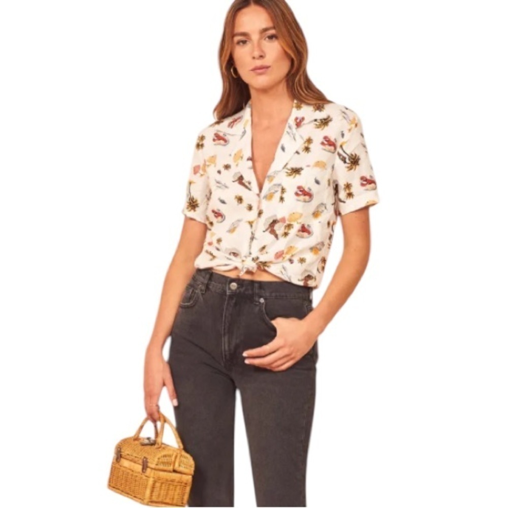 Reformation Hampstead Linen Tropez Lobster Print Shirt Button front Casual